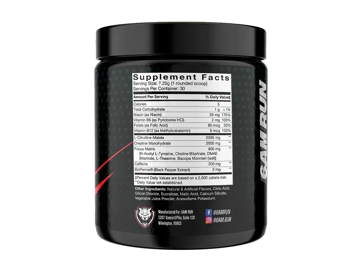 6AM RUN SPRINT tub showing the current supplement facts panel on a transparent background