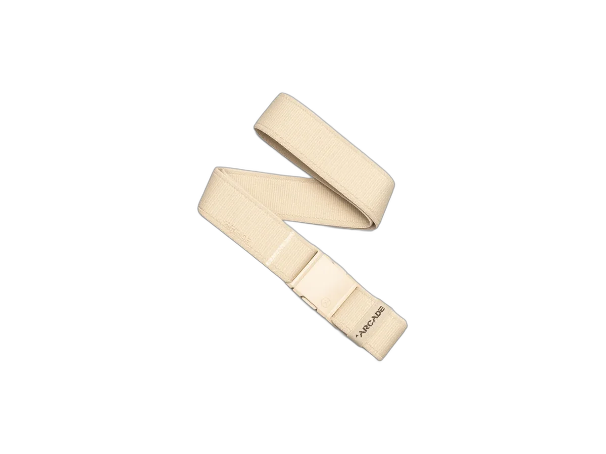 Khaki Arcade Atlas performance stretch belt with its low-profile buckle on a transparent background