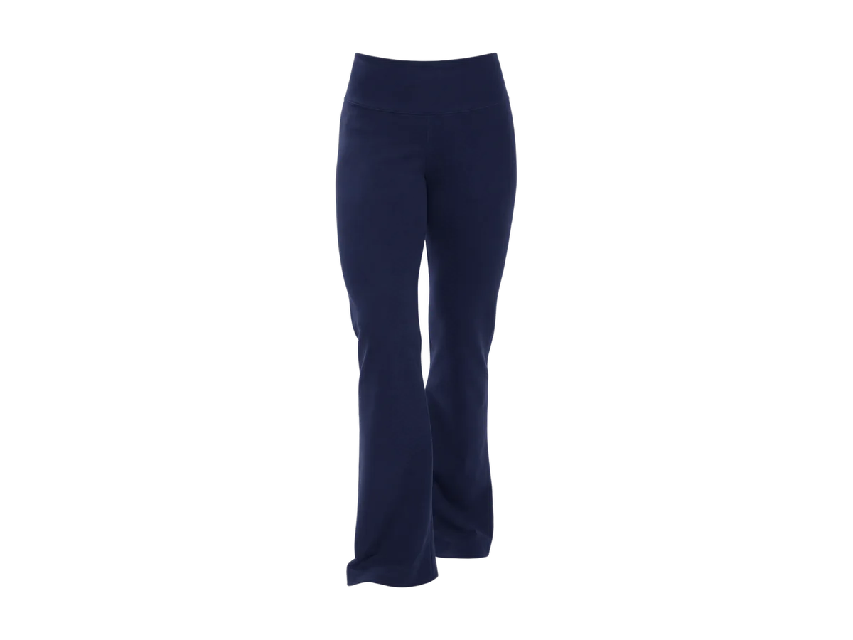 Navy high-waisted American Fitness Couture bootcut yoga pants isolated on a transparent background