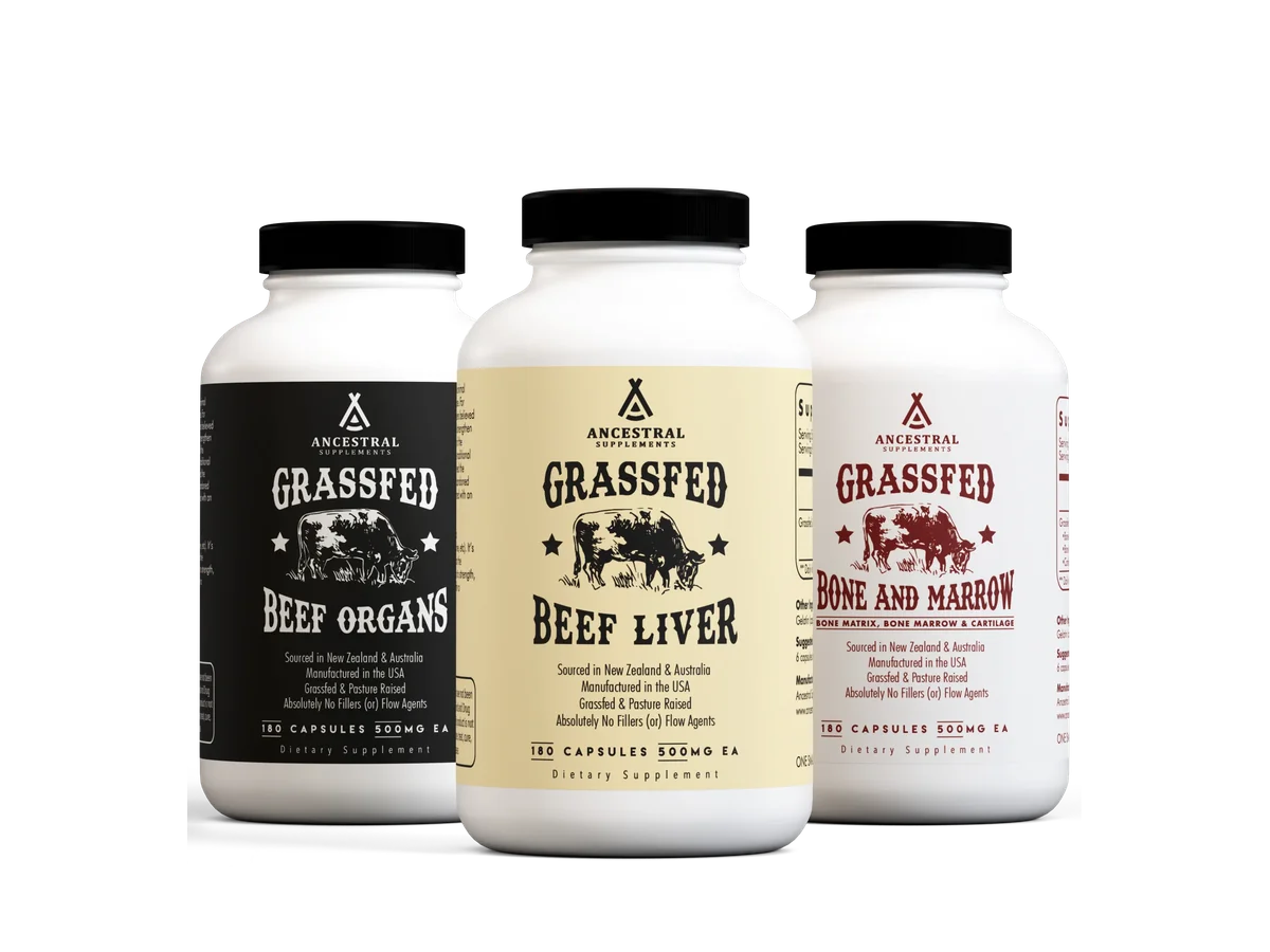 Three-bottle Ancestral Supplements Starter Pack showing Beef Organs, Beef Liver, and Bone and Marrow.