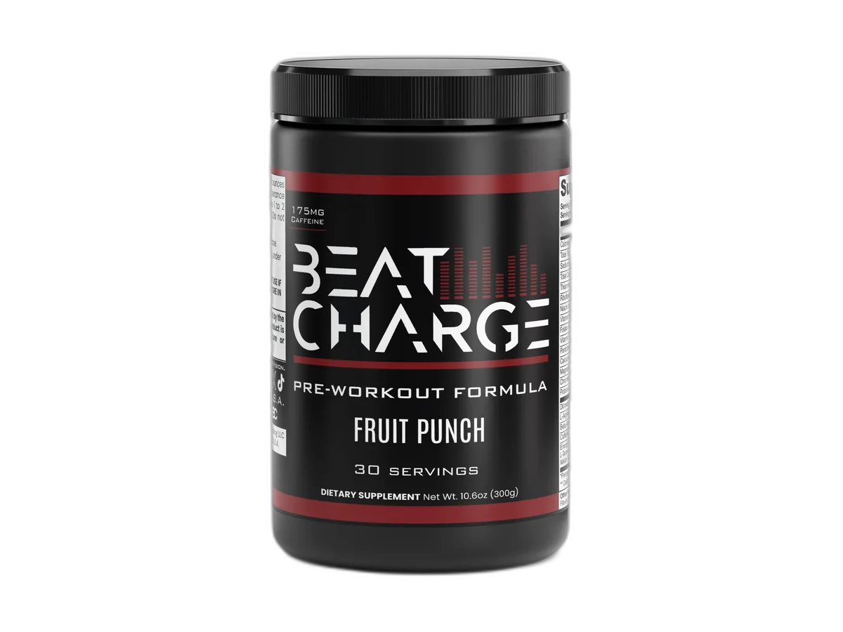 Beat Charge Pre-Workout Powder Fruit Punch tub.