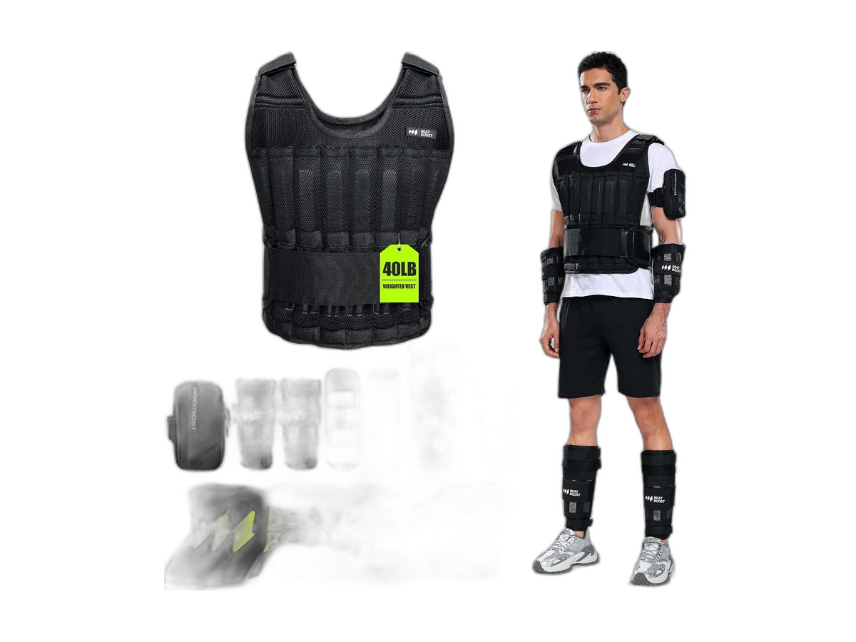 BeatBoost adjustable weighted vest set with steel plates, wrist weights, and ankle weights.