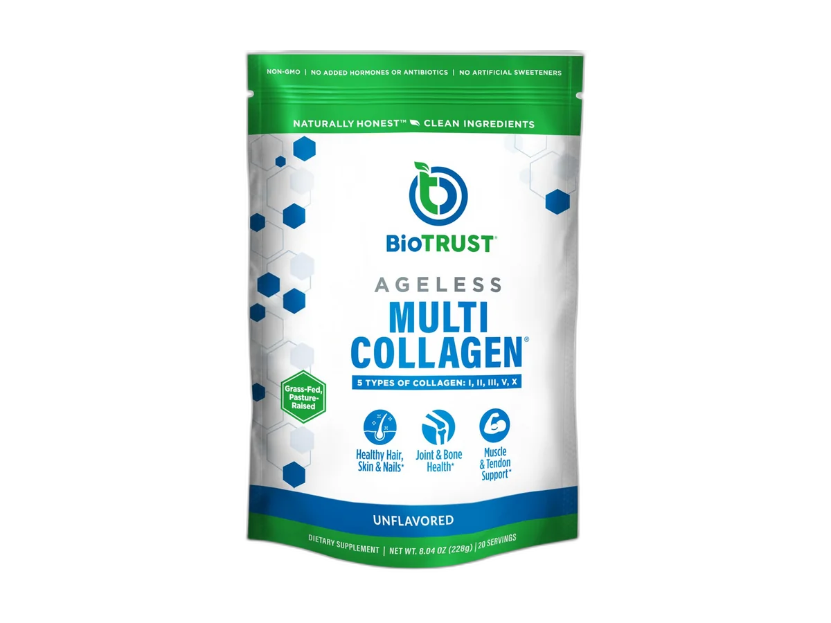 BioTrust Ageless Multi-Collagen Unflavored pouch with five collagen types listed on the package.