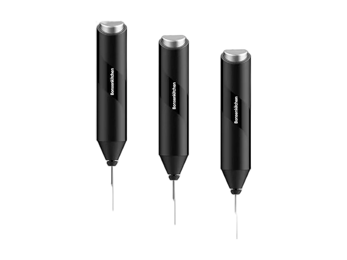 Bonsenkitchen Powerful Milk Frother, pack of 3, black handheld frothers with stainless steel whisks.