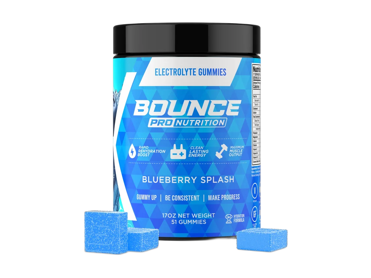 Bounce Blueberry Splash Electrolyte Gummies jar with the 51-gummy count visible