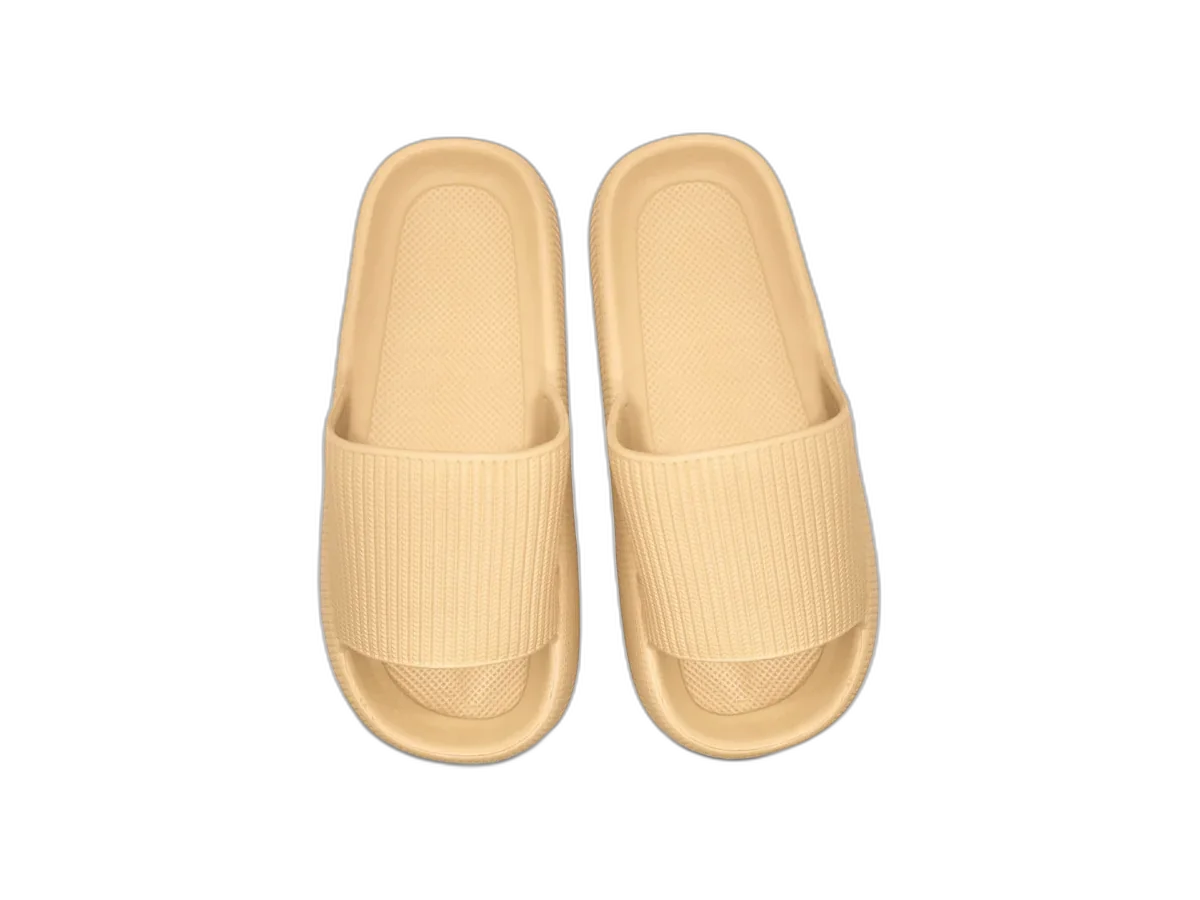 Cloud Comfort Slides in latte color, shown from above on a transparent background