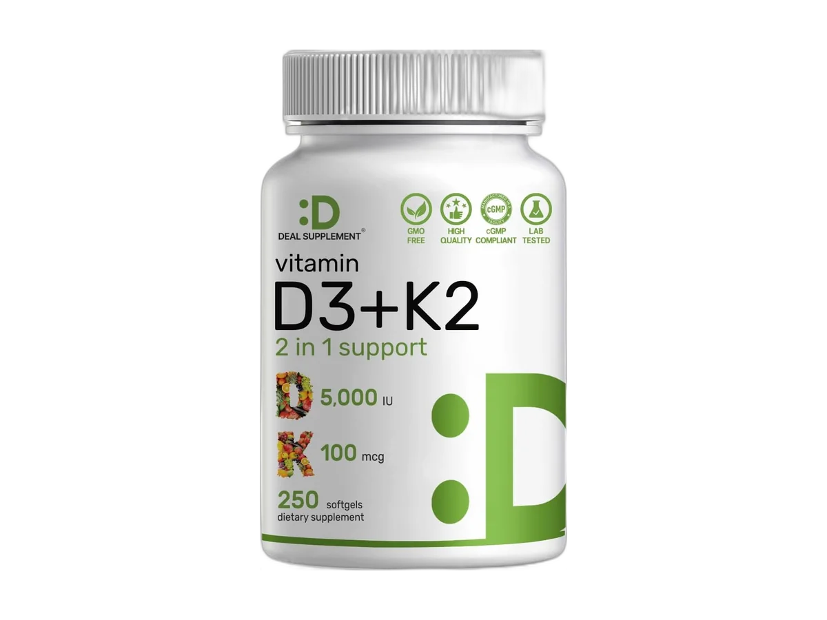 Deal Supplement Vitamin D3 5,000 IU plus K2 100mcg softgels, 250-count bottle.