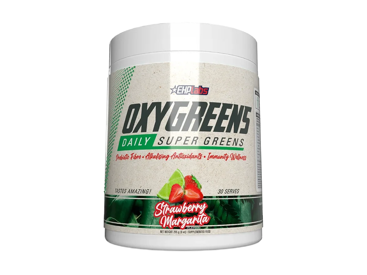 EHPlabs OxyGreens Strawberry Margarita 255 g tub labeled 30 serves.