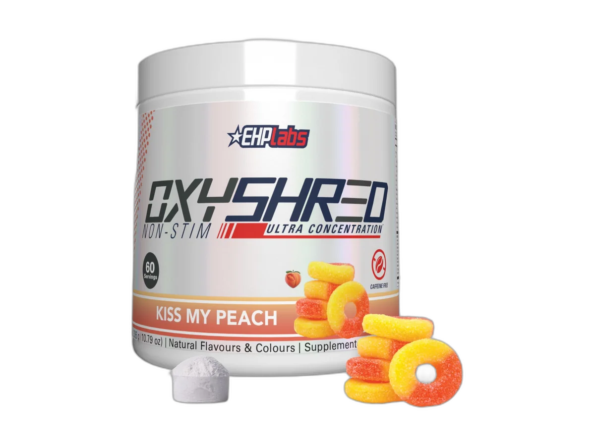 EHP Labs OxyShred Non-Stim pre-workout tub, Kiss My Peach flavor