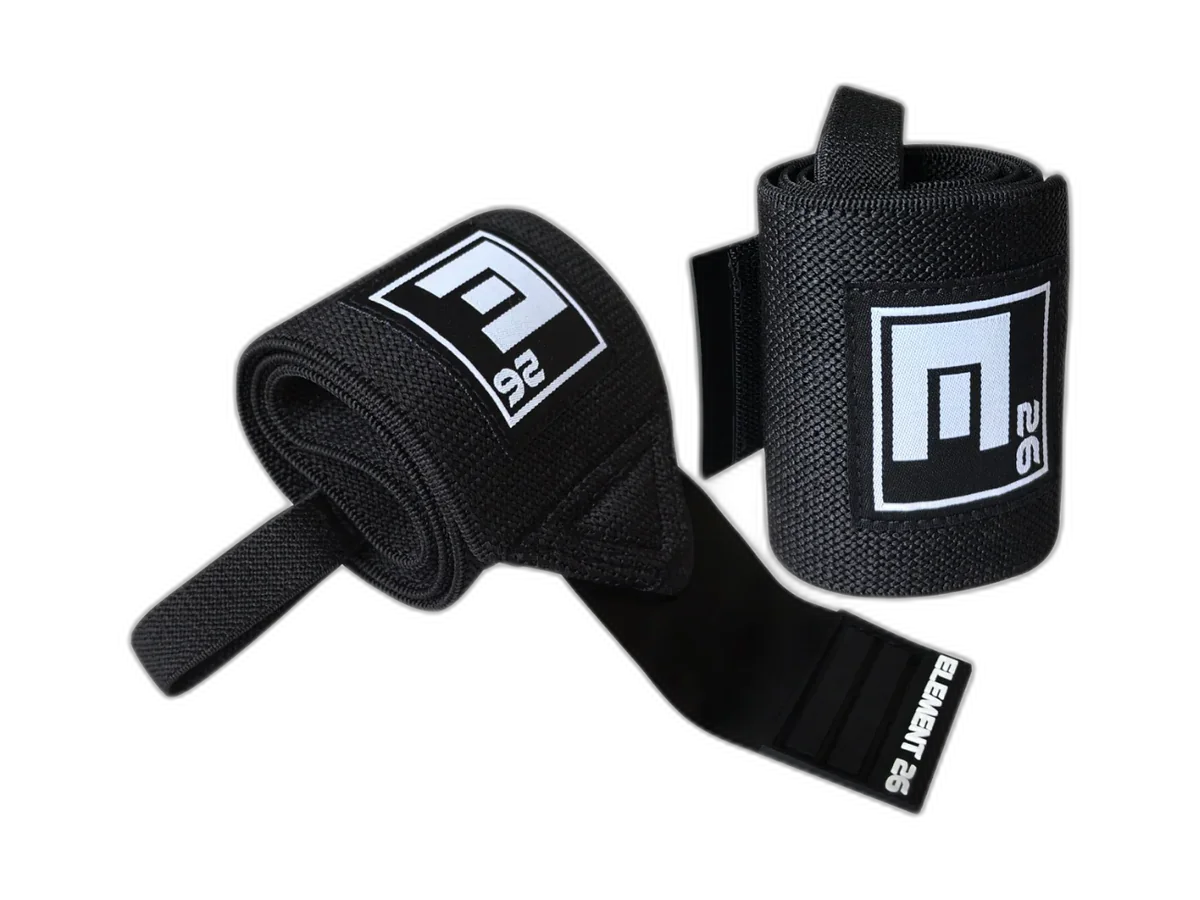 Pair of black Element 26 wrist wraps with thumb loops, quick-release tabs and white logo patches.