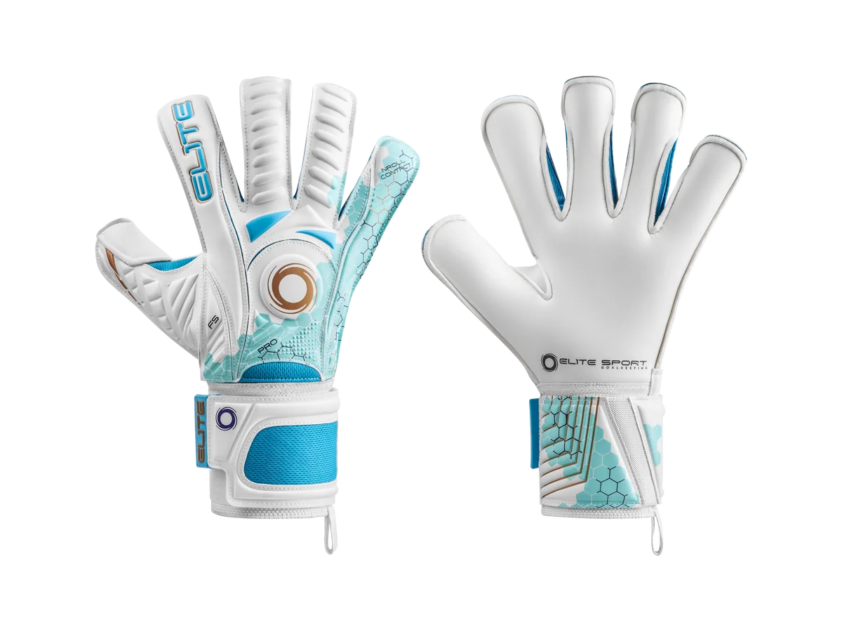 White and turquoise Elite Orca goalkeeper gloves, shown palm side and backhand side