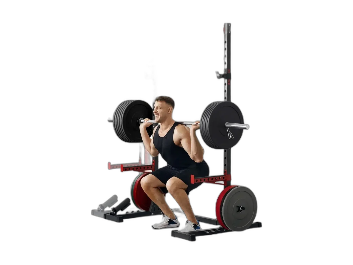FED Fitness Flybird SR1 adjustable-width squat rack with pull-up bar.