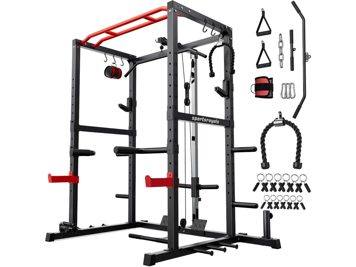 FED Fitness Sportsroyals RK2 power rack with adjustable cable system.