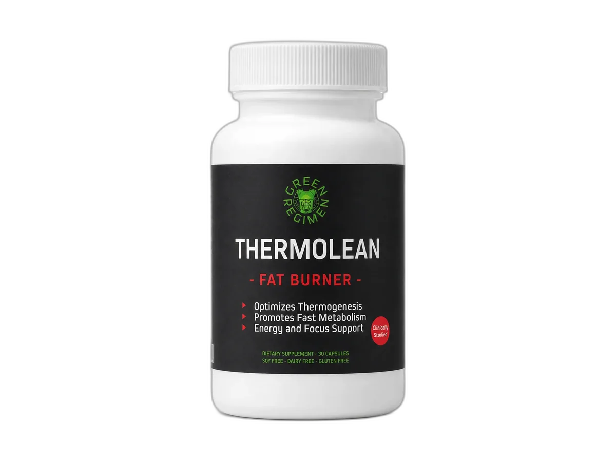 Green Regimen ThermoLean Thermogenic Support bottle on a transparent background.