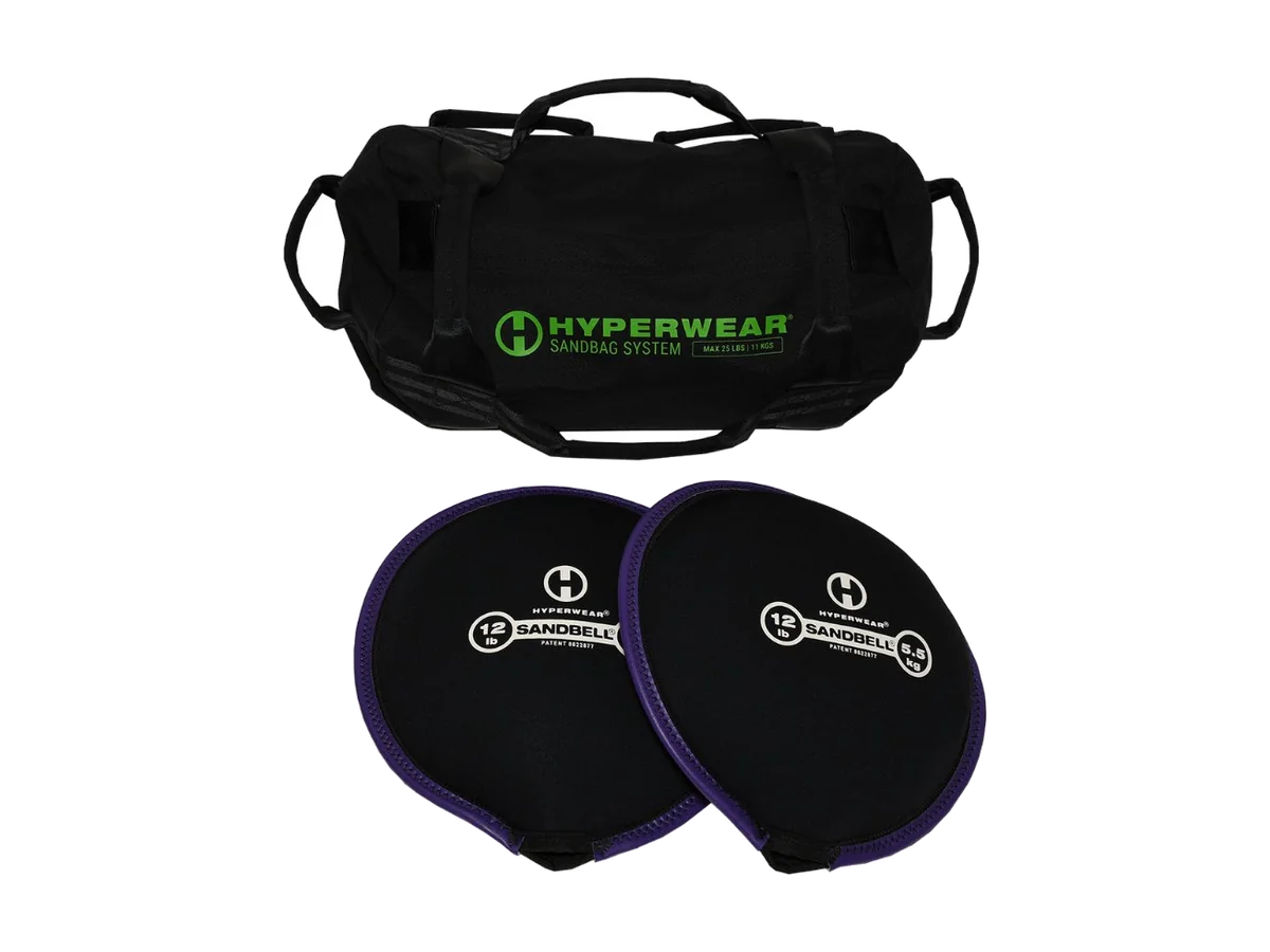 Black Hyperwear handled sandbag with two purple-edged SandBell weights on a transparent background