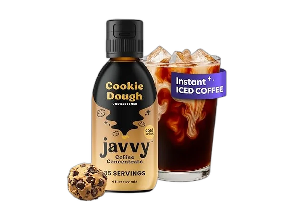 Javvy Cold Brew Coffee Concentrate, Cookie Dough flavor, bottle with iced coffee glass.