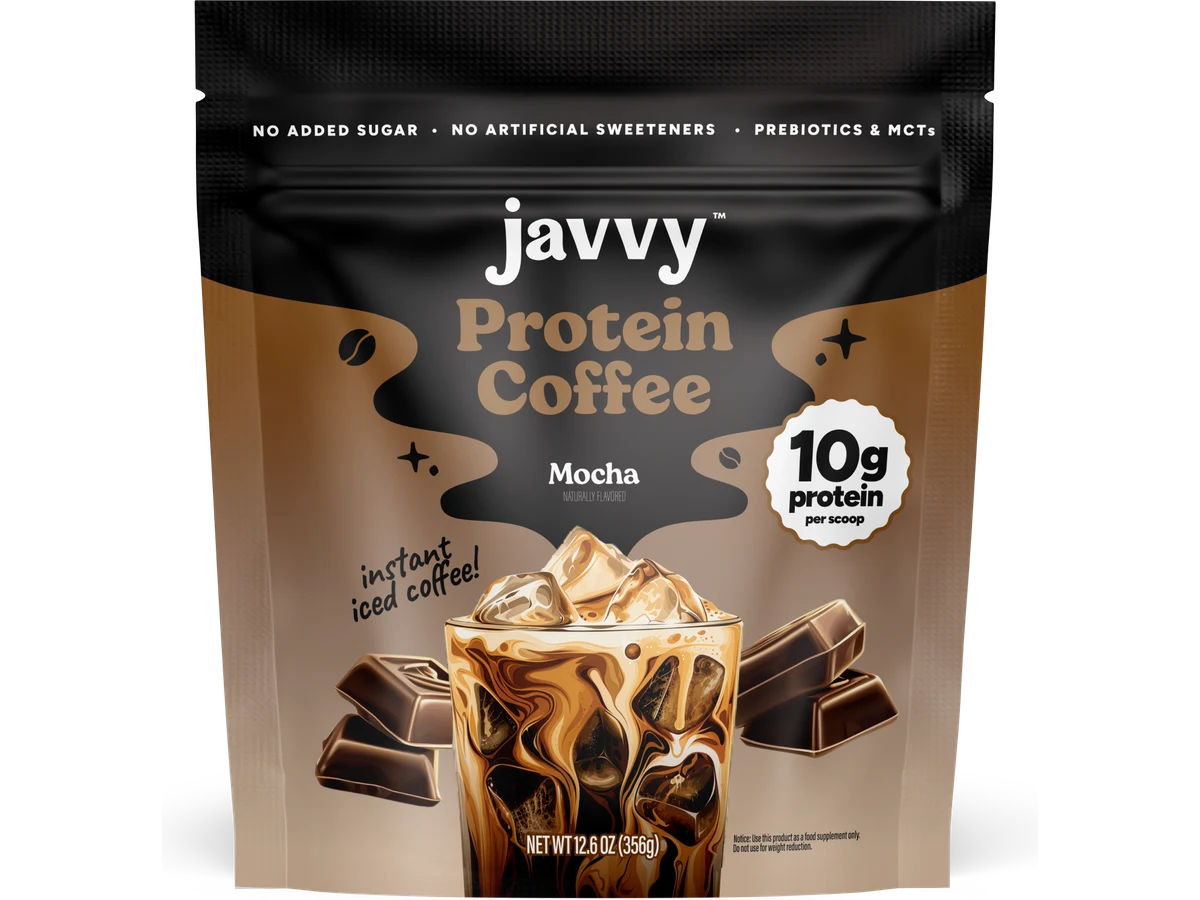 Javvy Chocolate Mocha Protein Coffee powder bag showing 10 g protein per scoop.