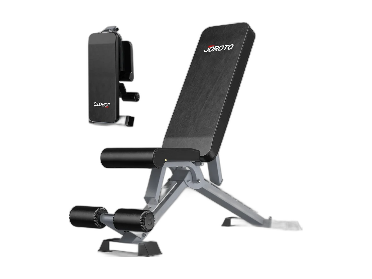 JOROTO MD60 adjustable weight bench shown upright and in use position on a transparent background