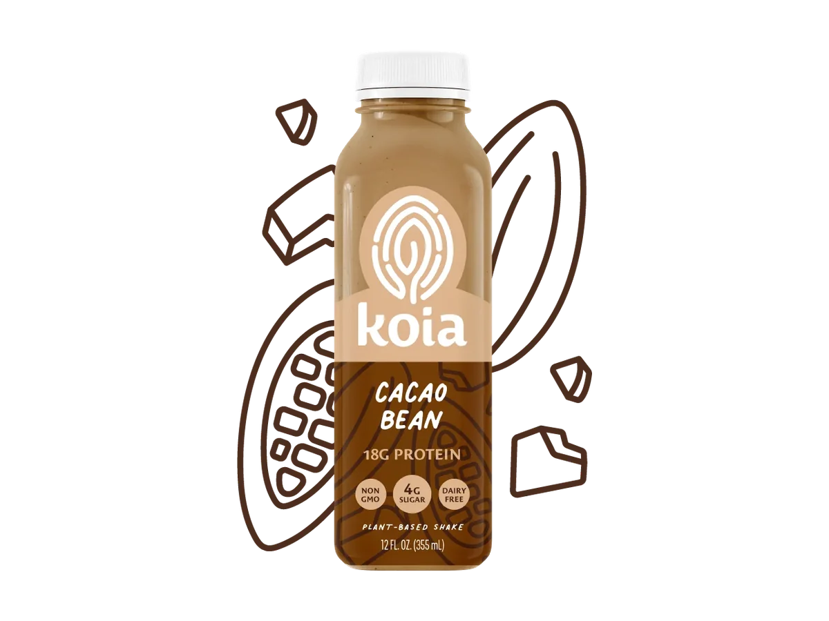 Koia Cacao Bean plant-based protein shake bottle.