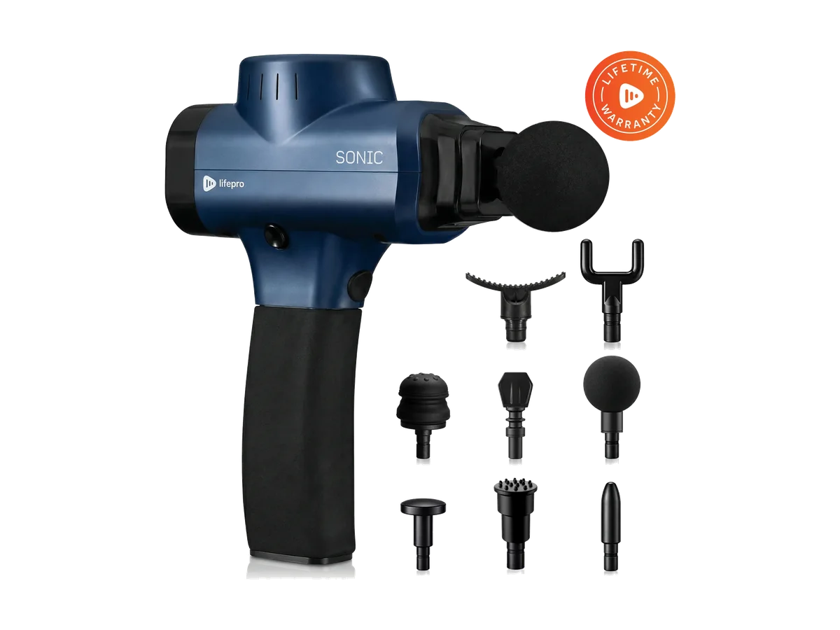 Navy blue Lifepro Sonic massage gun with eight attachments and a lifetime-warranty badge.