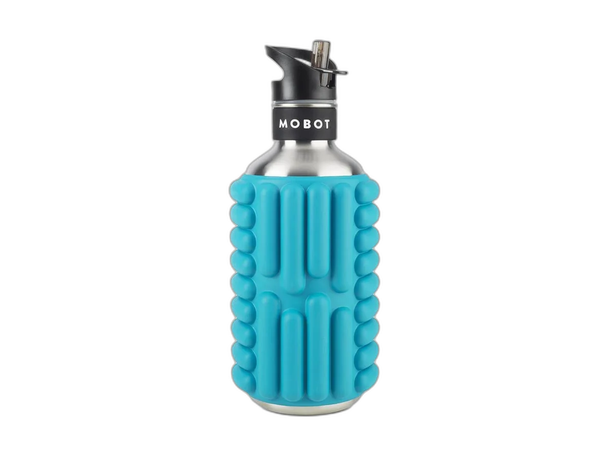 MOBOT Big Bertha Aquamarine foam-roller water bottle isolated on a transparent background.