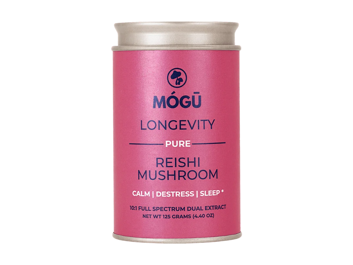 Front view of a Mógū Organic Reishi powder canister.