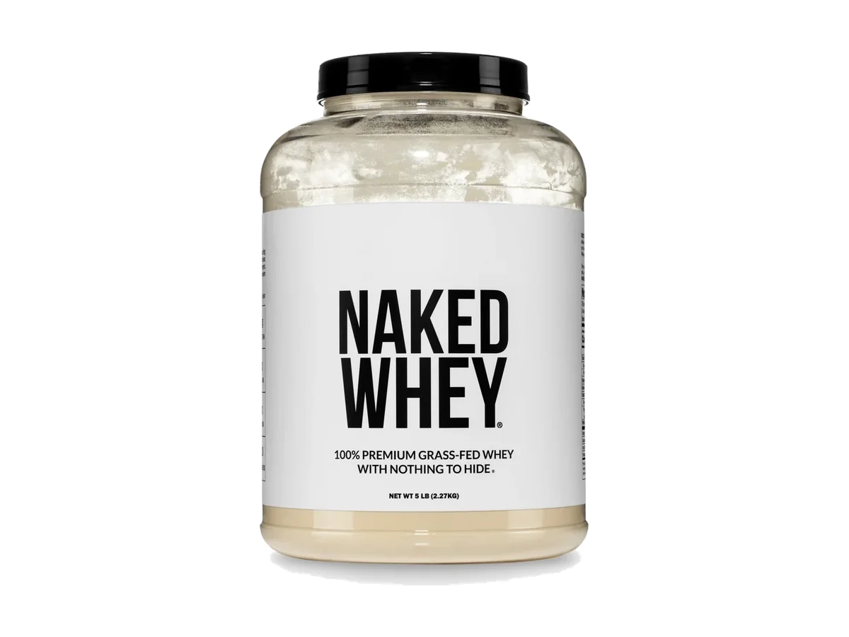 Naked Whey grass-fed whey protein powder five-pound tub.