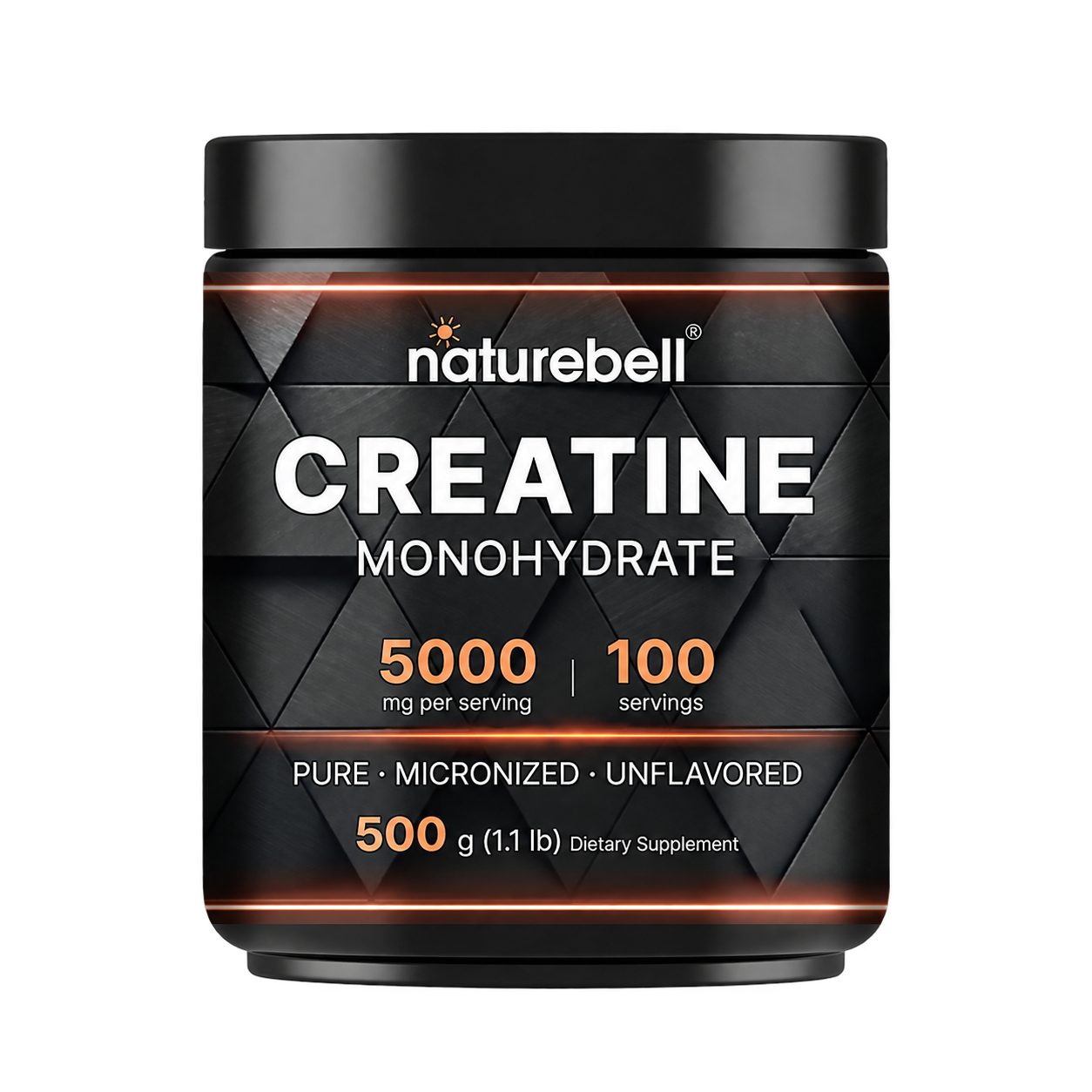 NatureBell creatine monohydrate jar labeled 5,000 mg per serving, 100 servings, and 500 g