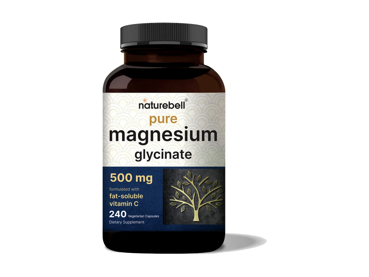 NatureBell Pure Magnesium Glycinate bottle labeled 500 mg and 240 vegetarian capsules