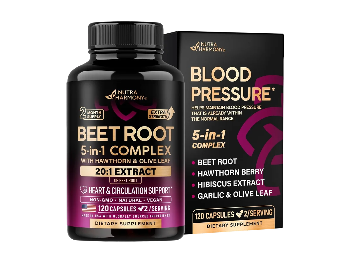NutraHarmony Beet Root 5-in-1 Complex bottle and carton, 120 capsules.
