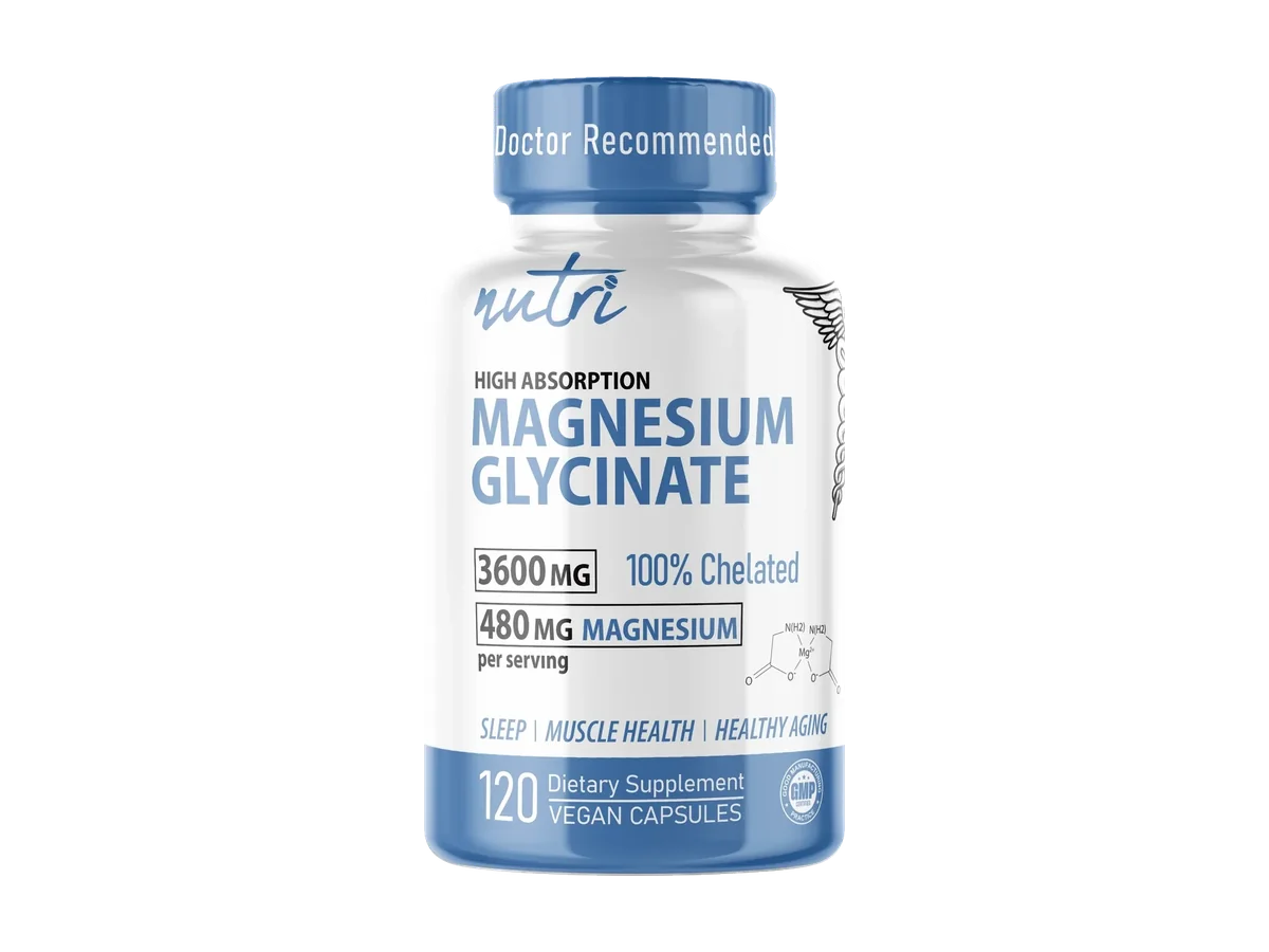 Official Nutri magnesium glycinate bottle front, isolated on a transparent background