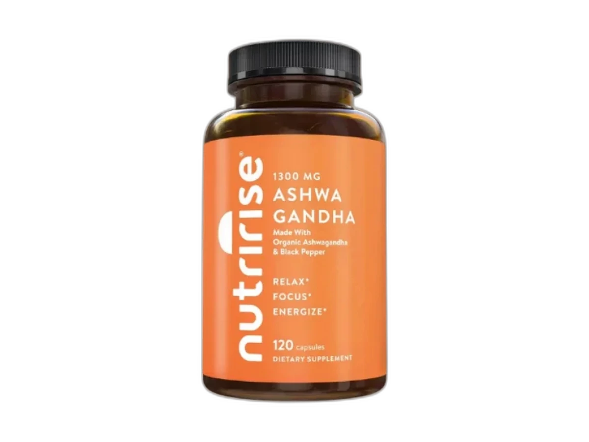 NutriRise Ashwagandha Root supplement bottle with organic black pepper extract.