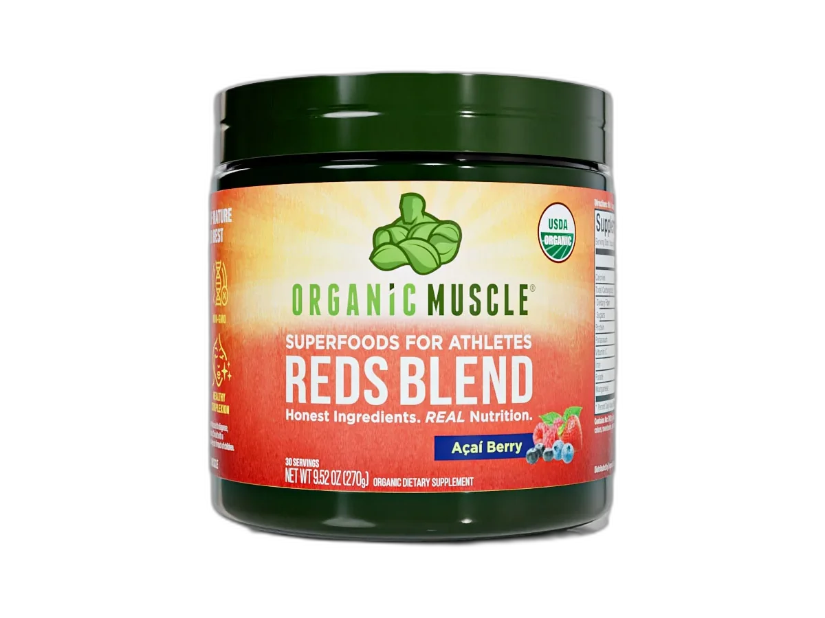 Organic Muscle Reds Blend Acai Berry jar isolated on a transparent background.