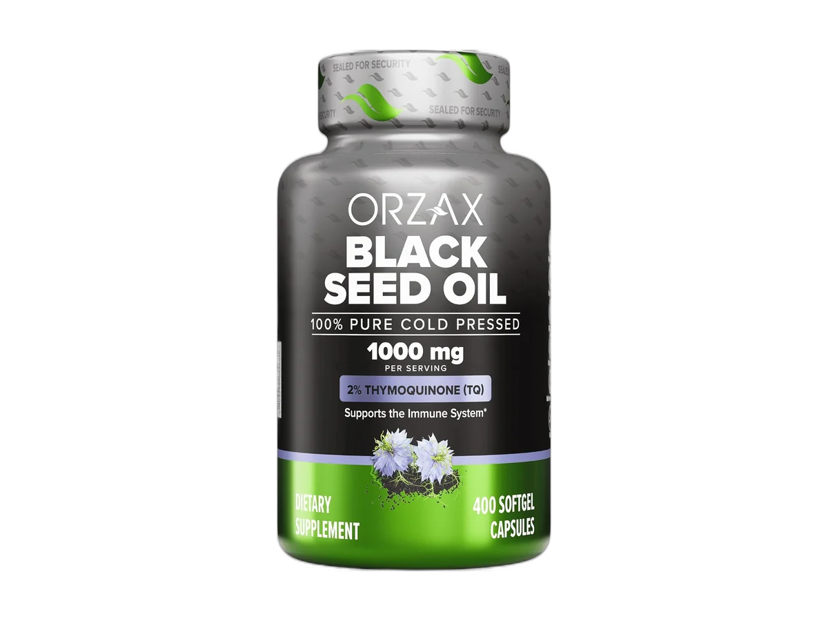 ORZAX Black Seed Oil 1000mg, 400 softgel capsules, standardized to 2% thymoquinone.
