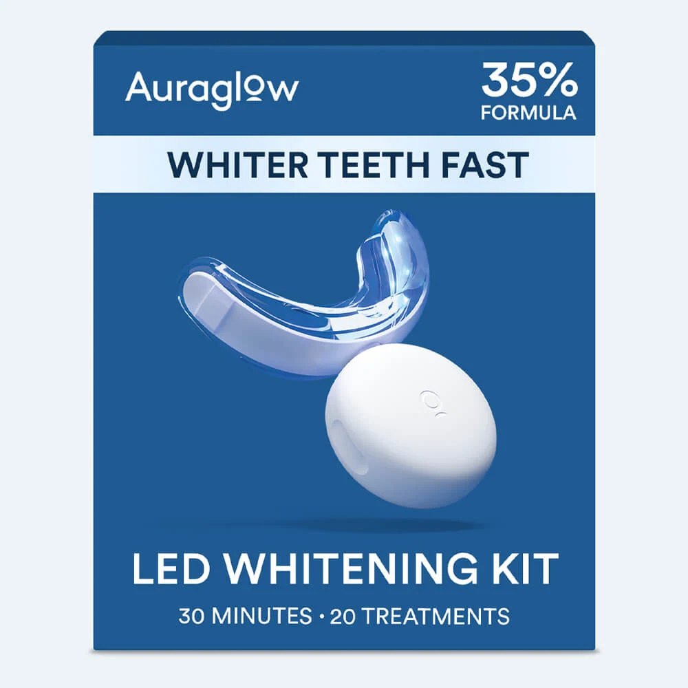 Auraglow LED teeth whitening kit in its original blue package artwork