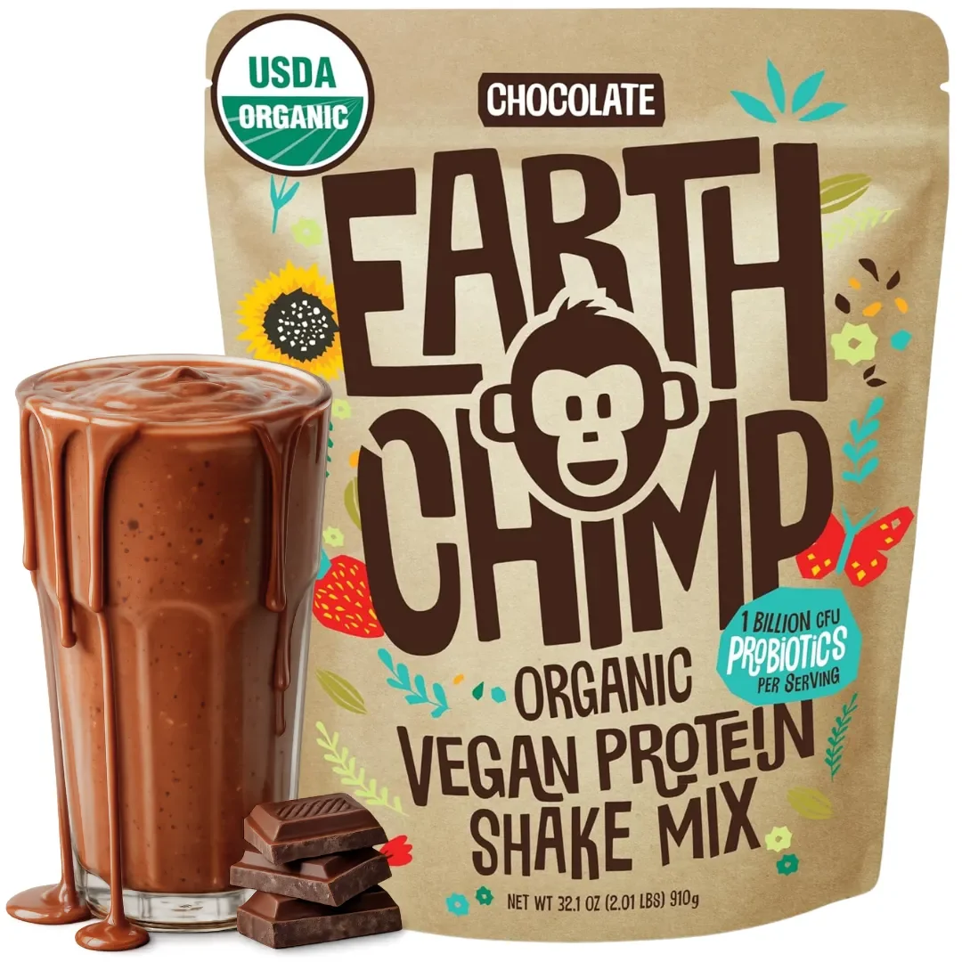 EarthChimp Chocolate vegan protein pouch with a chocolate shake