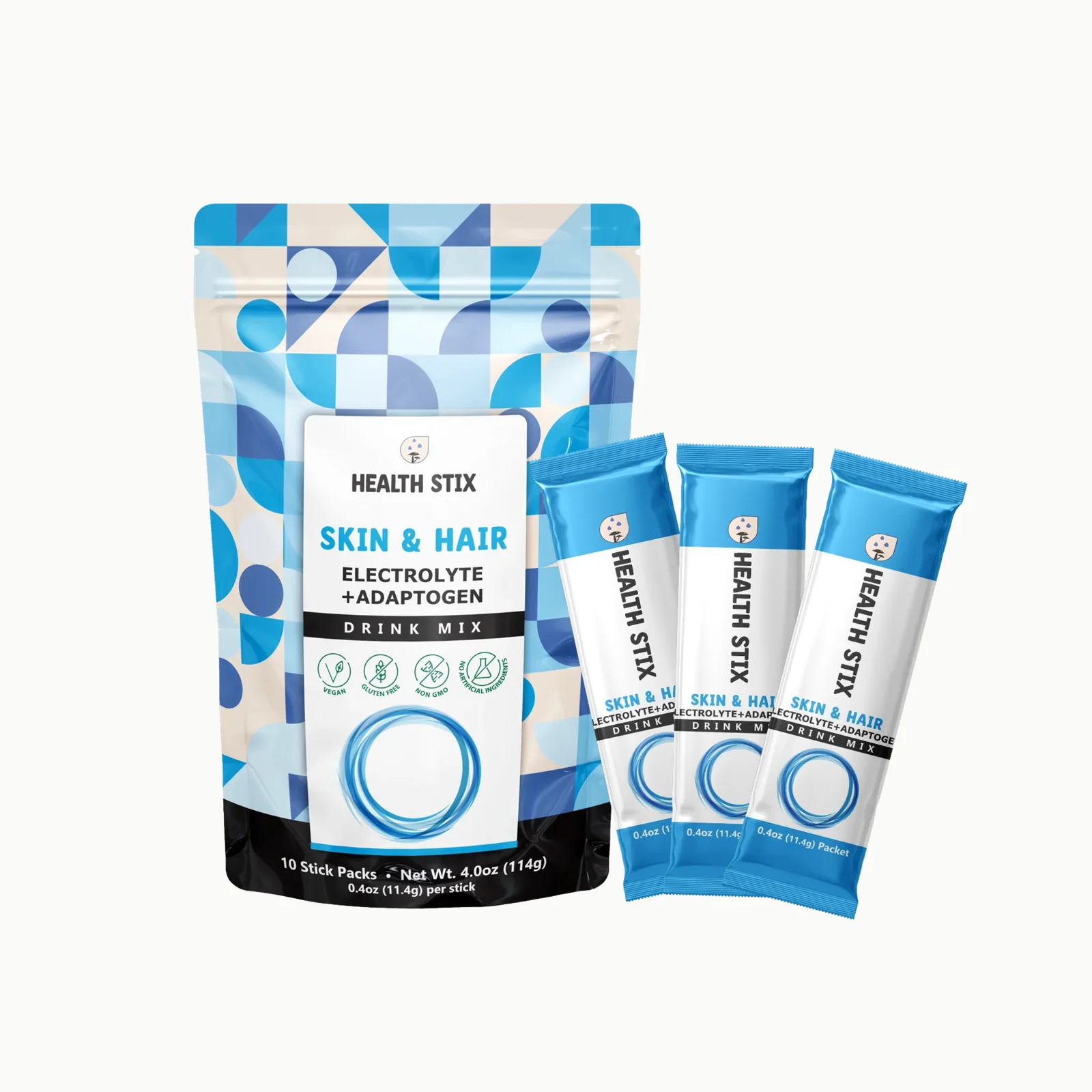 Health Stix Skin & Hair Berry Bliss drink mix pouch and three single-serve sticks.