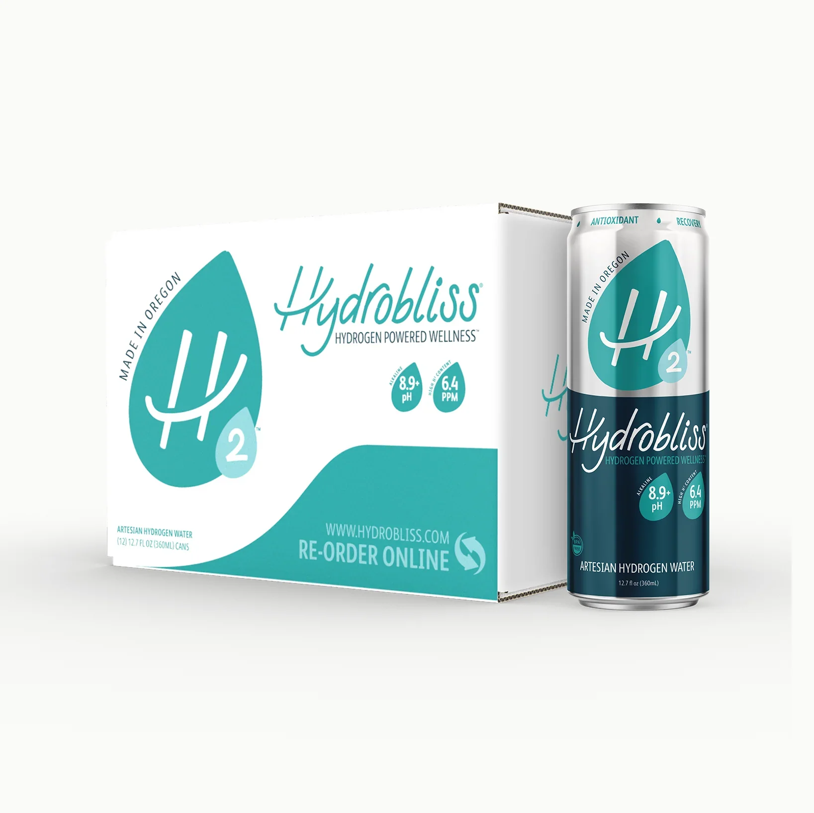 HydroBliss hydrogen water case carton and branded can
