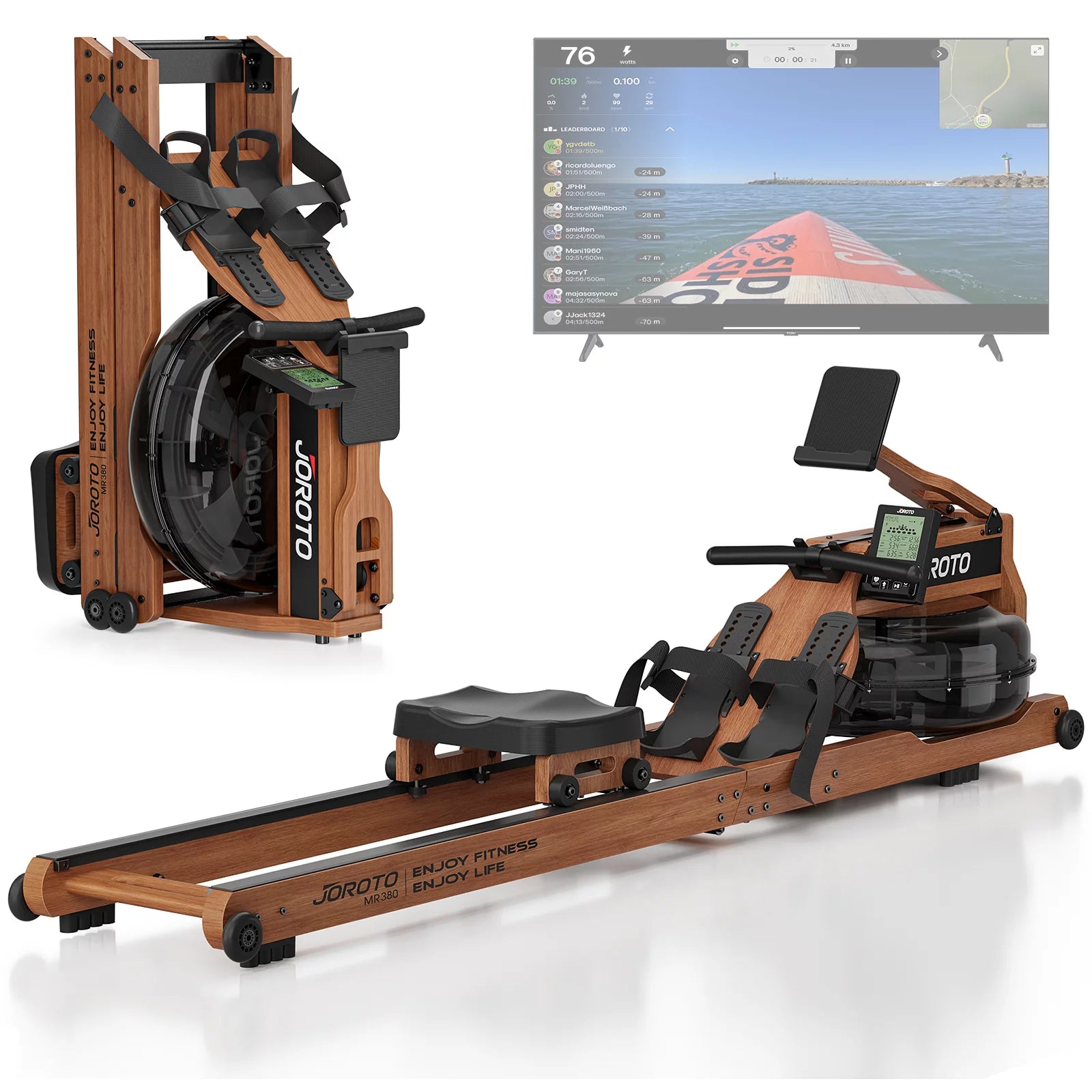 JOROTO MR380 oak water rower shown in official assembled and folded product views