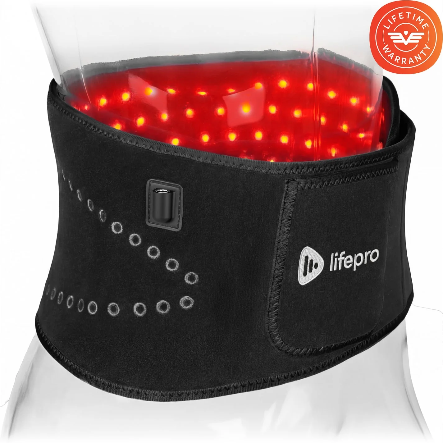 LifePro AllevaRed belt showing its red LED panel, wrap, and front control area.