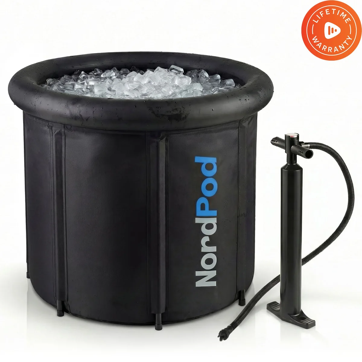 Lifepro NordPod round ice bath tub filled with ice beside its hand pump.