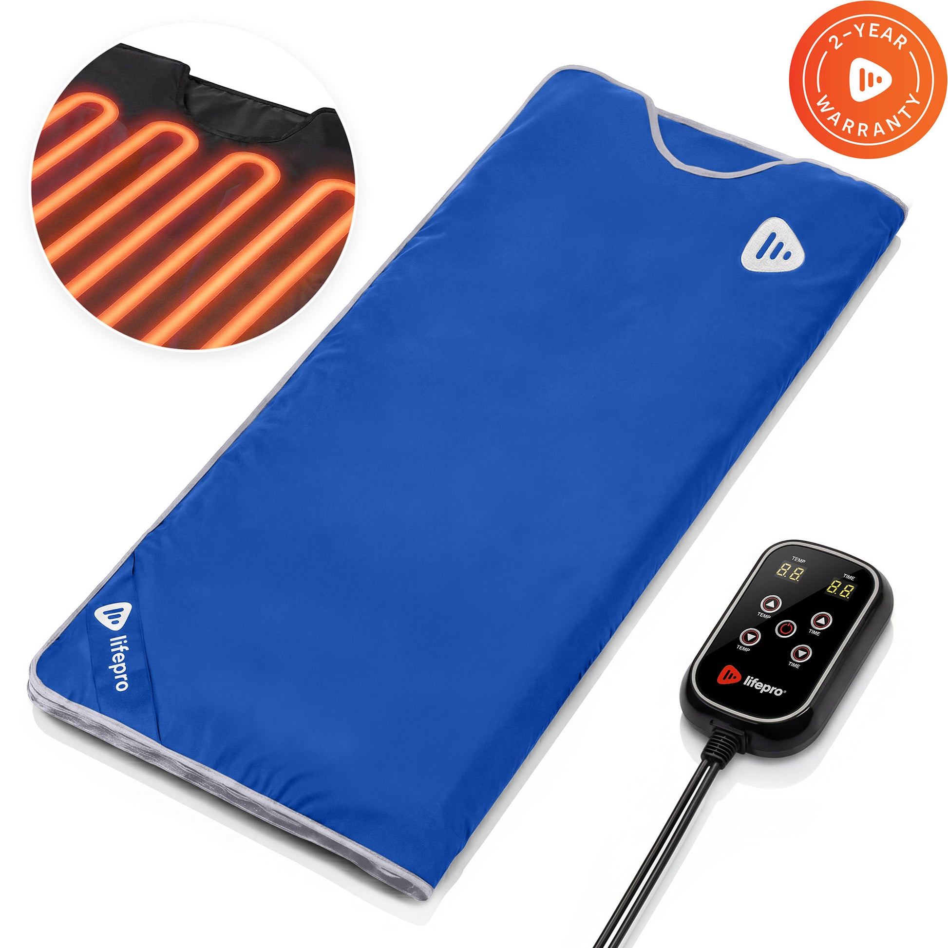 Blue LifePro RejuvaWrap infrared sauna blanket with wired controller.