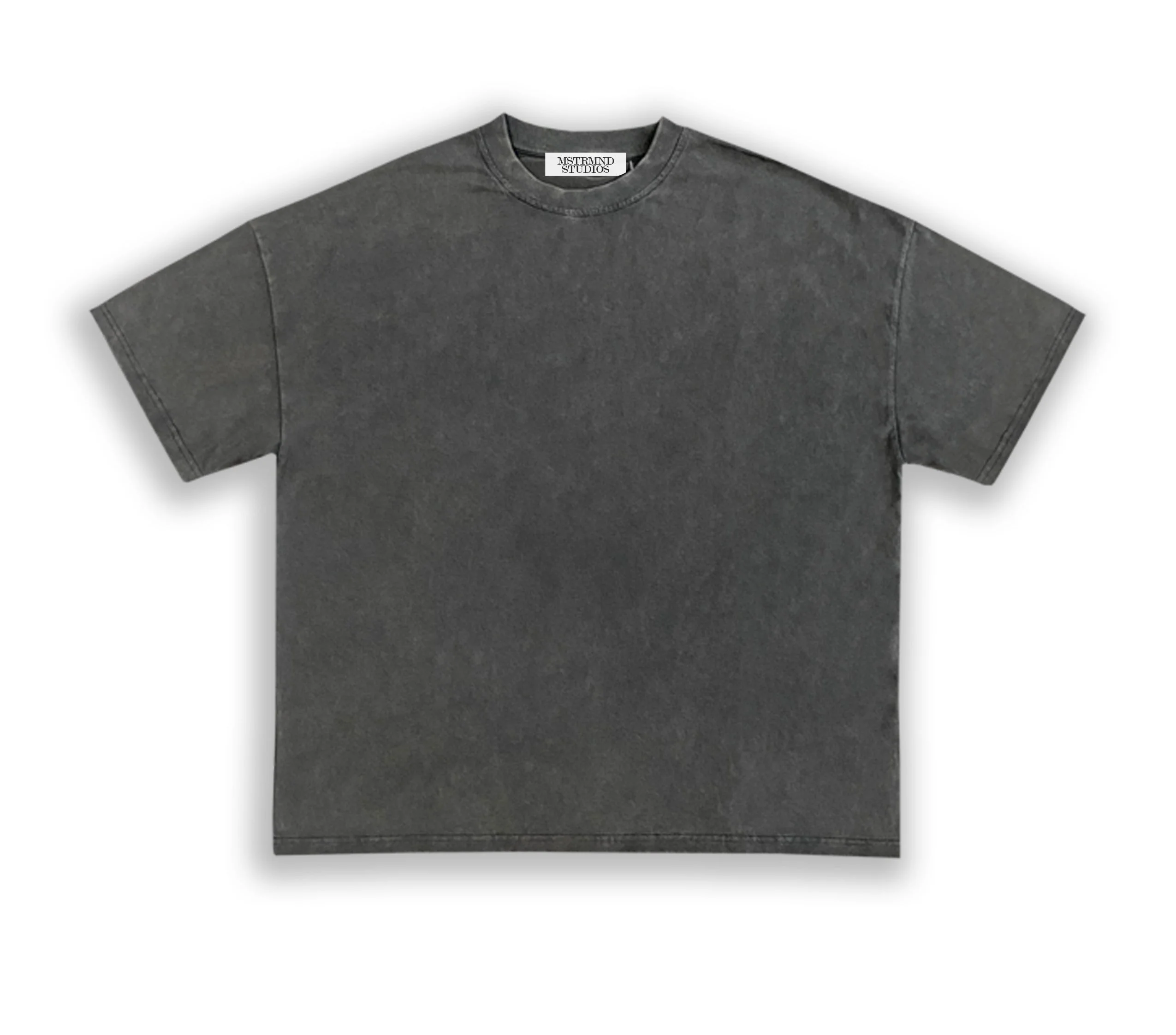MSTRMND Studios washed charcoal blank heavyweight tee on a white studio background.