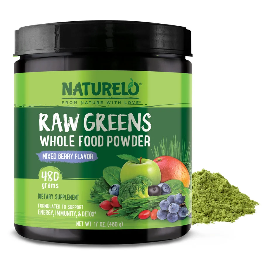 NATURELO Raw Greens Mixed Berry 480 g tub with green powder.