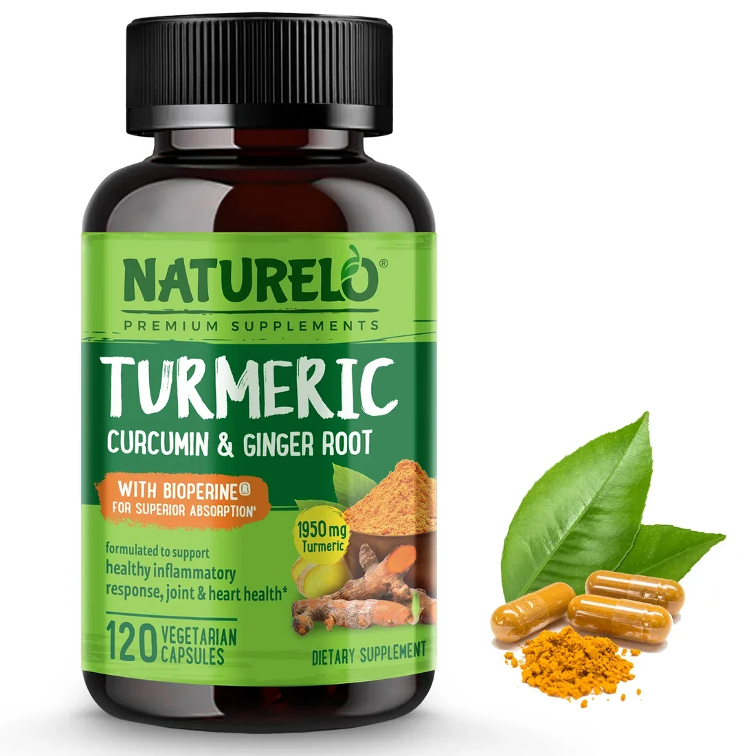 NATURELO Turmeric Curcumin with BioPerine, 120 vegetarian capsules.