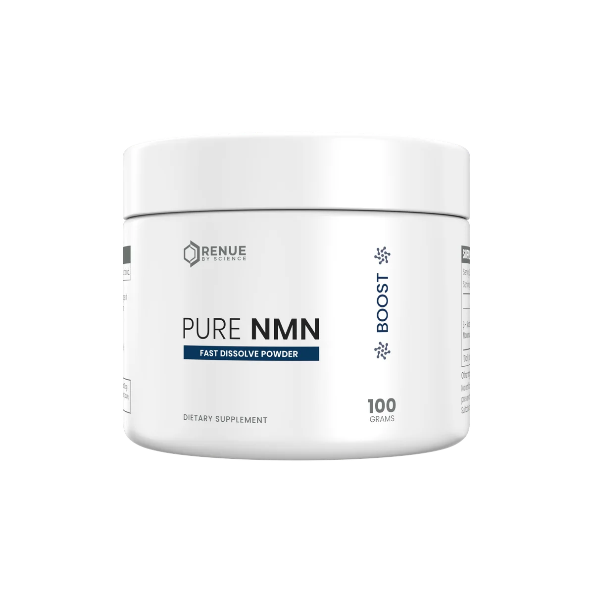 Renue By Science Pure NMN powder jar labeled 100 grams.