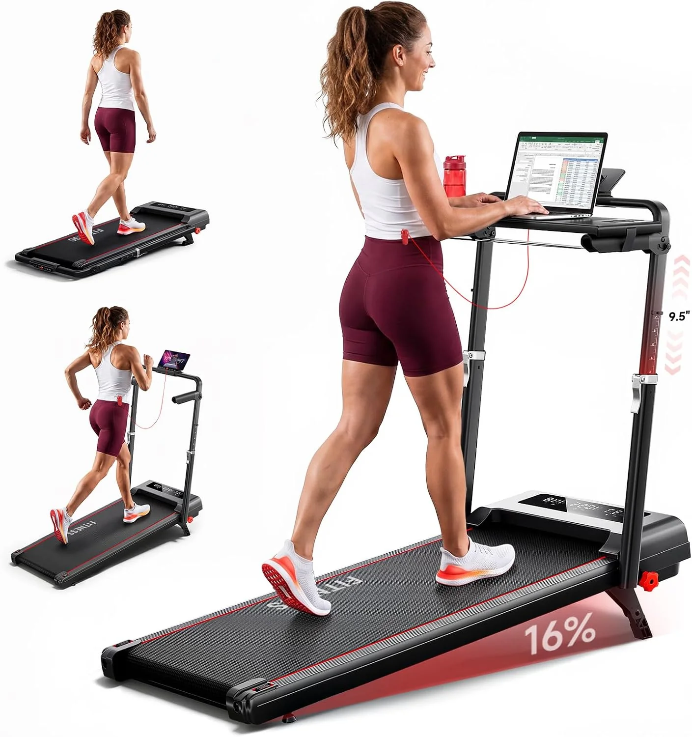 RHYTHM FUN walking pad shown flat and with its handlebar and desk installed.