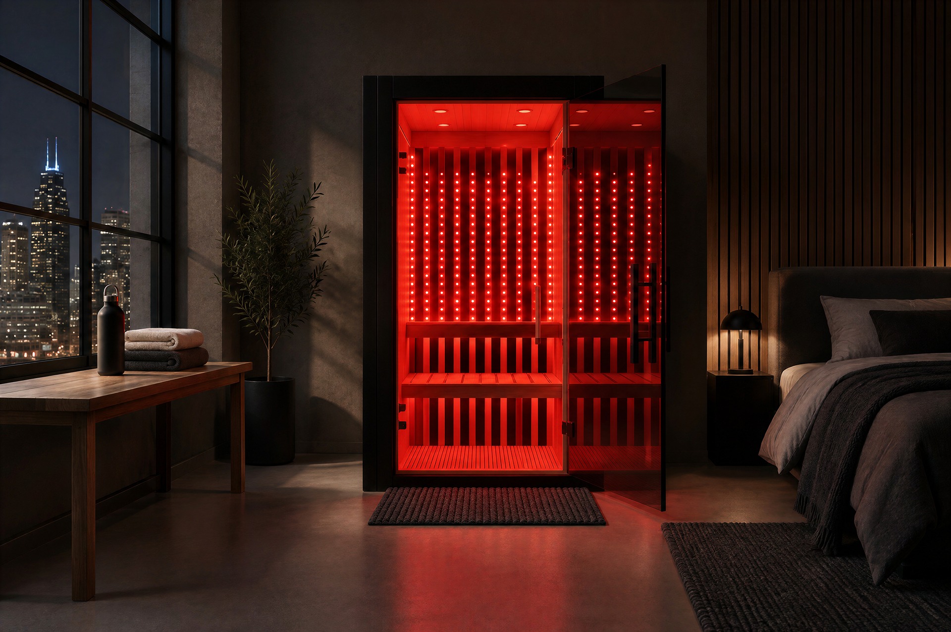 Illustrative SaunaCloud Atlas One sauna in a cedar room with red lighting.