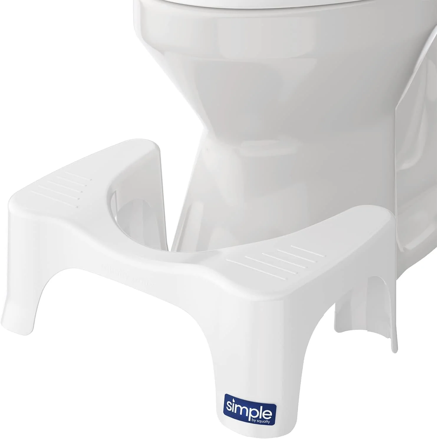 White Squatty Potty Simple stool positioned around a toilet base.