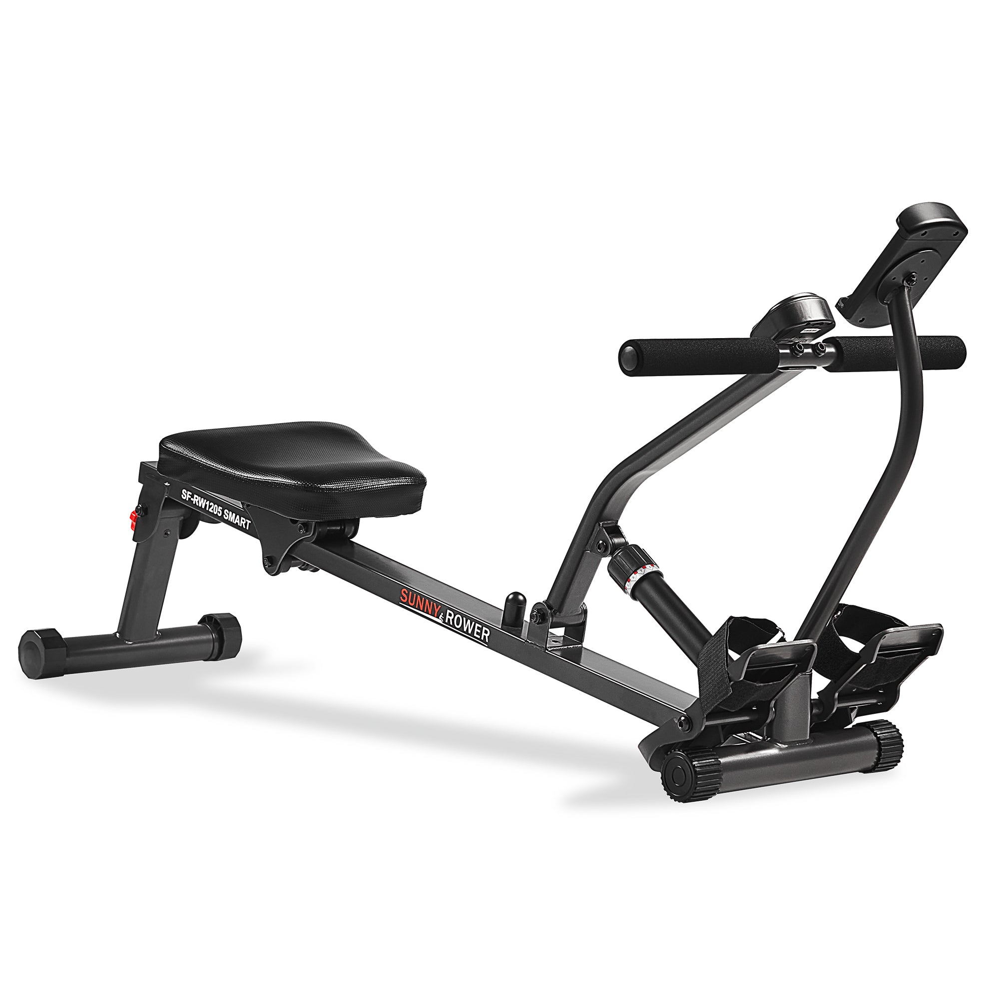 Sunny Health & Fitness SF-RW1205SMART compact hydraulic rower on a white studio background
